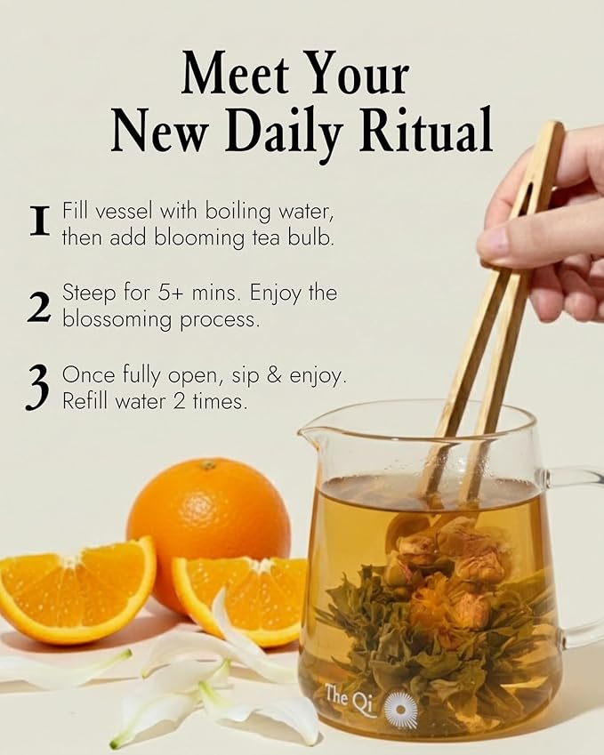 The-Qi Inner Radiance Osmanthus &amp Lily Blooming Flower w/Green Tea – 9 Pcs Handpicked All Natural Blooming Flower Tea – The Qi Gift Set for Relaxation &amp Wellness – Makes 27 Cups