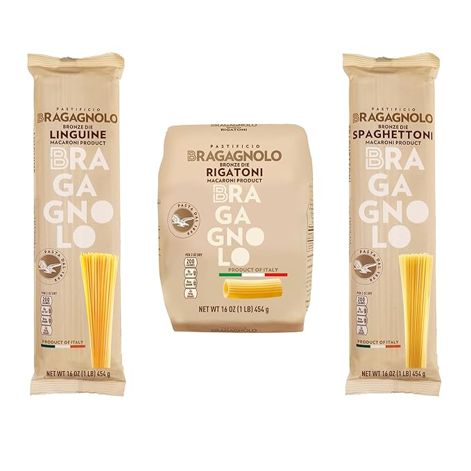 Sample Pack 2(Pastificio Bragagnolo) 1 Pound Bag of Spaghettoni 805 1 Pound Bag of Rigatoni 843 1 Pound Linguine 811 Bronze-Drawn 100% Italian Pasta Made with Durum Wheat Semolina Flour Non GMO