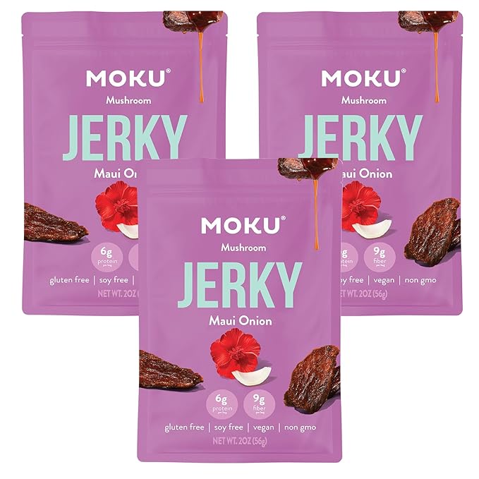 Moku Plant-Based Mushroom Jerky Vegan Gluten Free Soy-Free Non-Gmo No Artificial Sweetener Healthy Snacks 2.0 Oz Ea (3 Count Maui Onion)