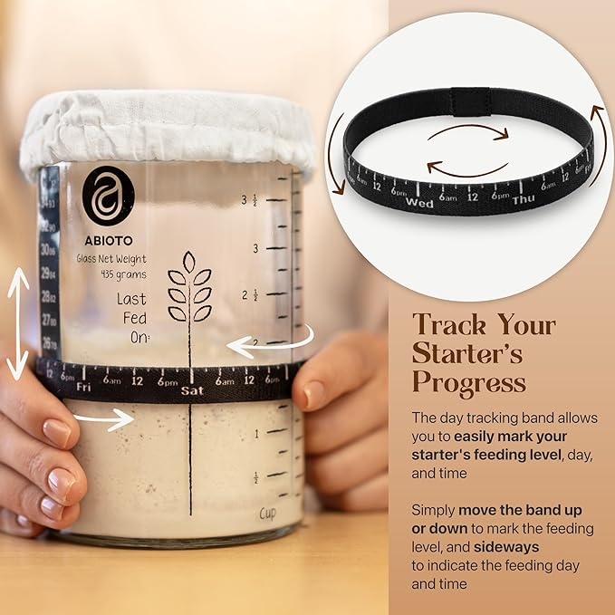 Sourdough Starter Jar Kit Includes 34 oz Sourdough Starter Jar with Metallic Lid Silicone Spatula Feeding Tracker Extra Thermometer Strips &amp Breathable Covers – Sourdough Bread Starter Kit