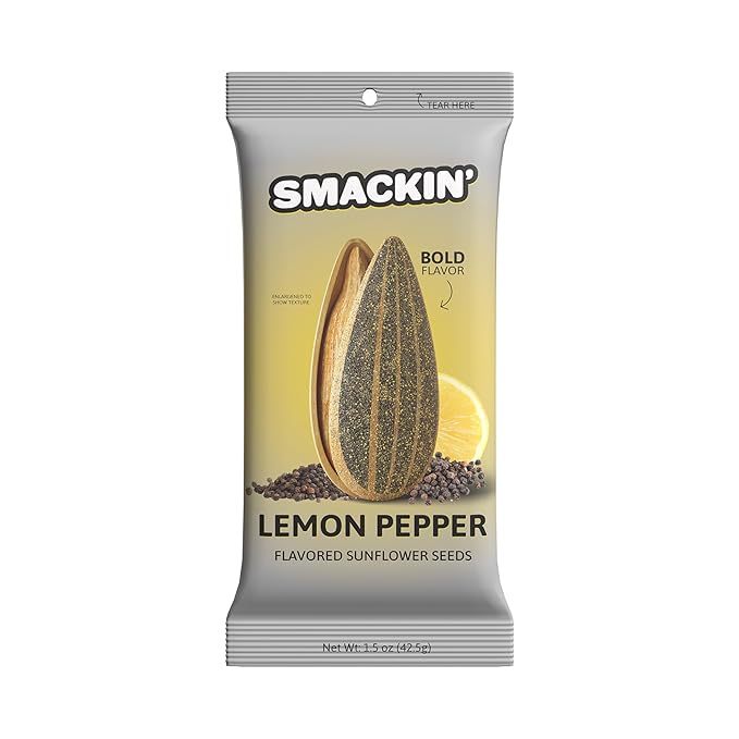 SMACKIN' Sunflower Seeds Roasted Jumbo Small-Batch American Made - Lemon Pepper. 1.5oz bags (36 Pack)