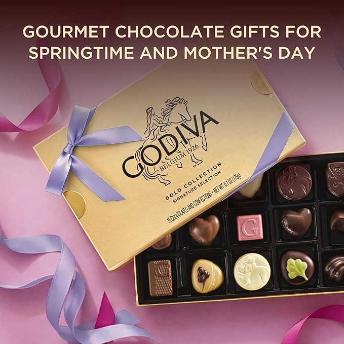 Godiva Gold Assorted Chocolate Gift Box Belgian Dark &amp Milk Chocolates with Pralinés Ganaches &amp Caramels Gourmet Easter Present Kosher Iris Ribbon15 Pc