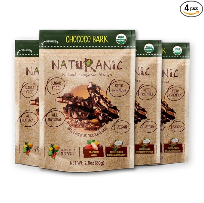 Naturanic Brazilian Dark Chocolate Bark Coconut Chunks Sugar Free Keto Friendly Vegan All Natural Organic Non GMO Gluten Free - Pack of 4