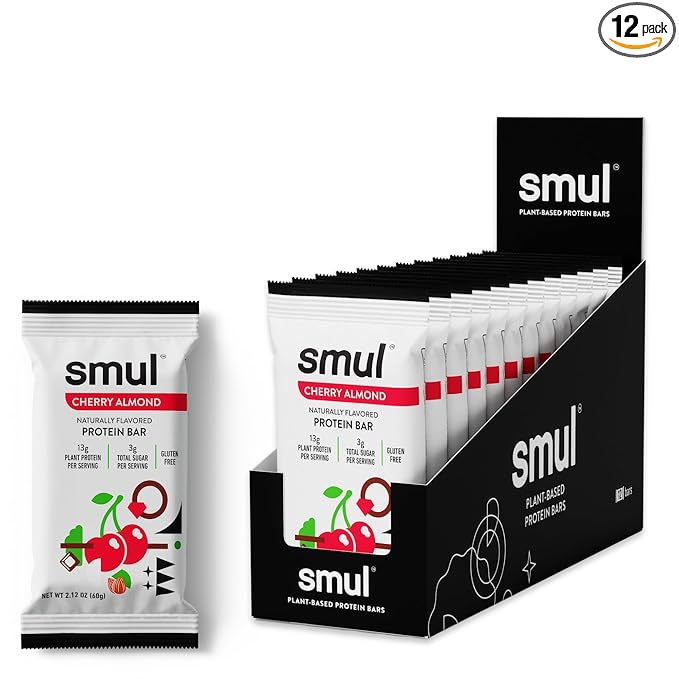 smul Plant Based Protein Bar – Cherry Almond – 13g Protein Only 3g Sugar Gluten Free Non-GMO Vegan Dairy Free – High Fiber Snack to Satisfy and Sustain – 12 Pack
