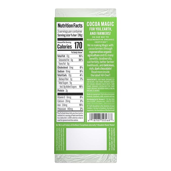 Dr. Bronner's - Magic All-One Chocolate Crunchy Hazelnut Butter Bar—Certified Organic &amp Fair Trade 70% Cocoa Vegan Kosher No Added Salt Coconut-Sugar Sweetened &amp Perfectly Balanced | 6 Co