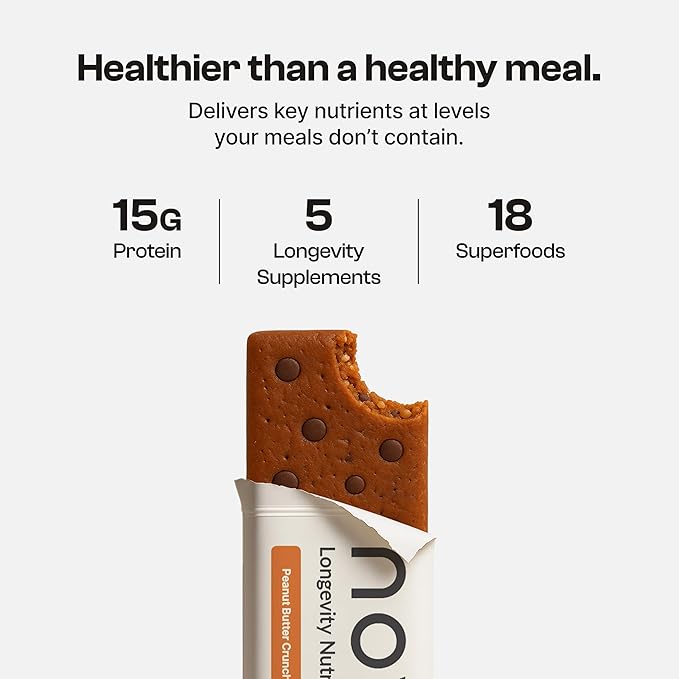Novos Longevity Protein Bar | 15g Protein 20 Superfoods 5 Longevity Ingredients for Men &amp Women | Supports Skin Mind &amp Mood | Peanut Butter (12-Pack)