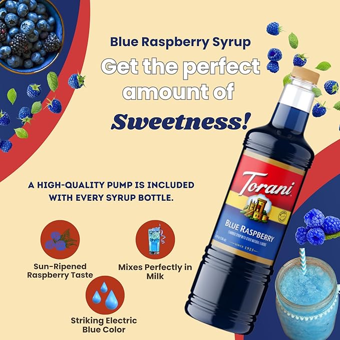 Torani Blue Raspberry Syrup 1 Liter Bottle with Pump Dispenser – Flavored Syrup with Pure Cane Sugar &amp Natural Ingredients – Perfect for Snow Cones Shakes Cocktails &amp Desserts