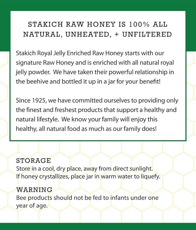 Stakich Royal Jelly Enriched Raw Honey - Pure Unprocessed Unheated - 40 Ounce