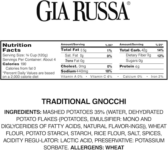 Gia Russa Gnocchi with Potato - Potato Gnocchi Traditional Italian Potato Gnocchi Vegan Pasta Kosher Friendly Product of Italy Italian Food Potato Dumplings - 16 Oz (6-Pack)