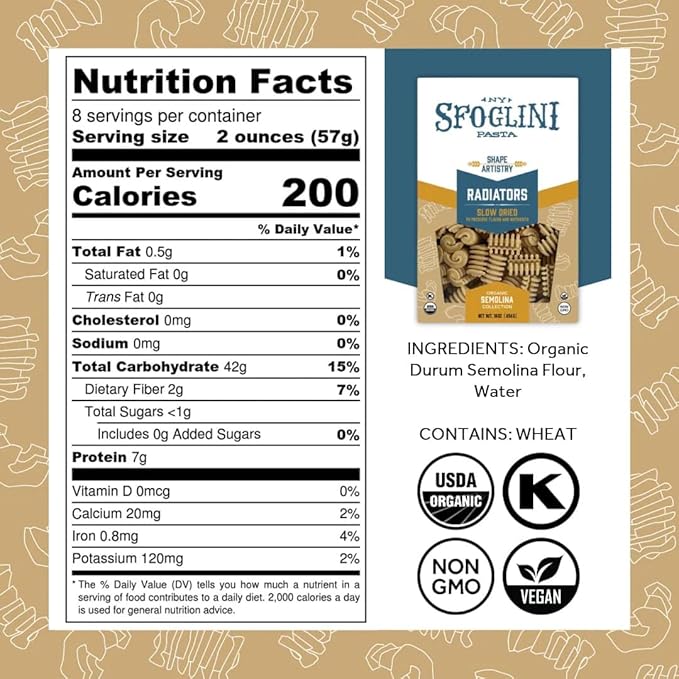 Sfoglini Organic Durum Semolina Reginetti (12 oz) &amp Radiators (16 oz) Pasta (4-Pack 2 Packages Per Shape)