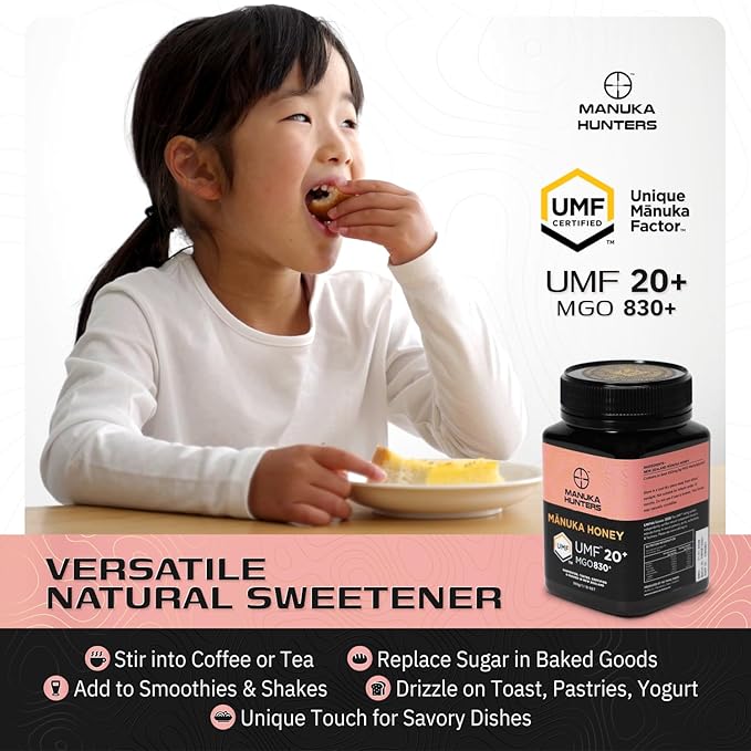 Manuka Hunters UMF 20+/MGO 830+ Certified New Zealand Manuka Honey - 100% Pure Natural Sweetener - Gluten Dairy Free - Ideal for Tea Coffee Smoothies and Baking - Sustainable - 1.1lb/500g Jar