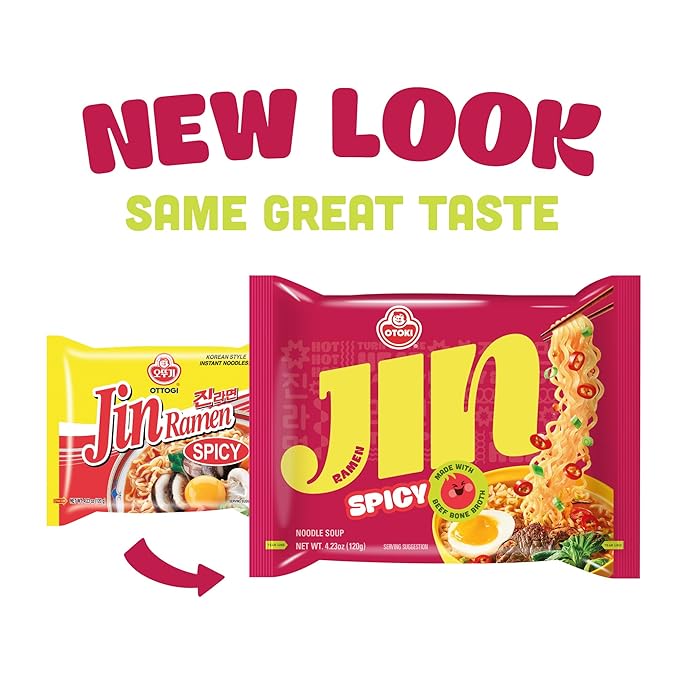 OTOKI Jin Ramen Spicy Korean Instant Ramen 13-Hour Simmered Beef Bone Broth Bold Spicy Flavor Ready in 4 Minutes 4.23 oz (Pack of 8)