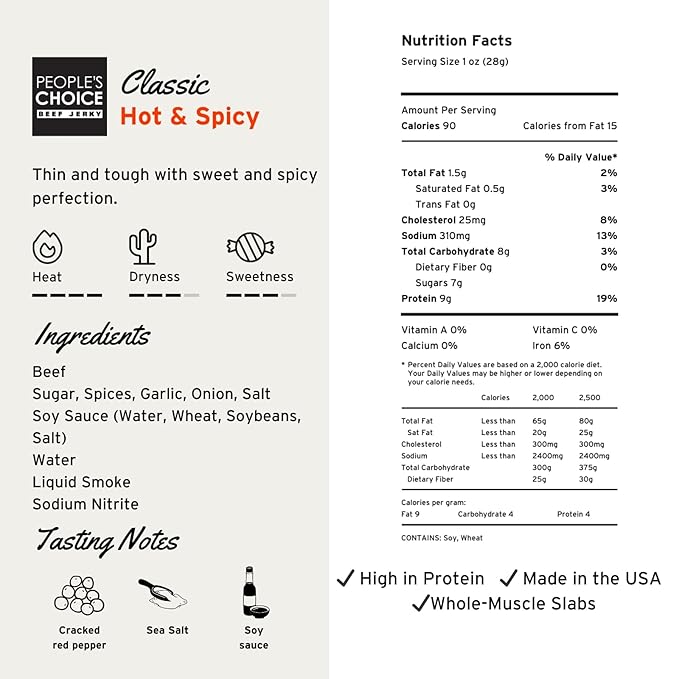 People's Choice Beef Jerky Big Slab - Whole Muscle Thin-Sliced 9g Protein - Hot &amp Spicy 19.2 oz 15 Ct