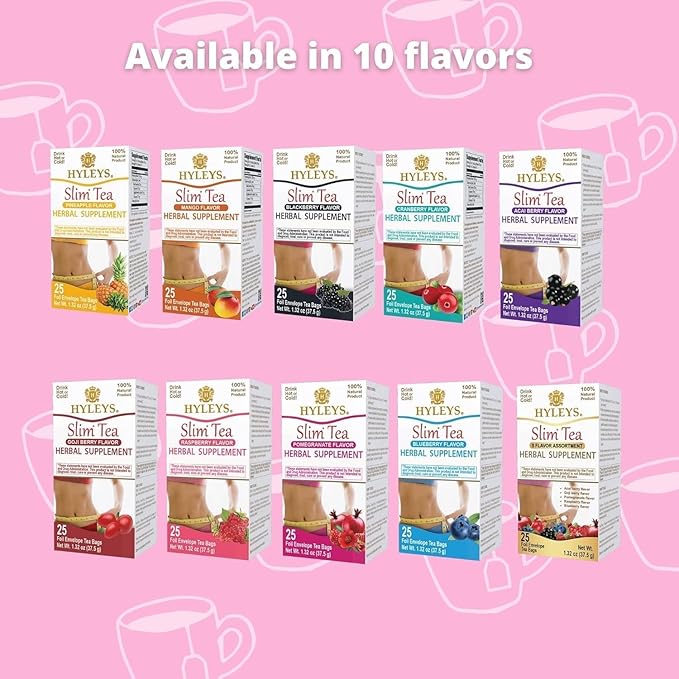 Hyleys Slim Tea Variety Pack – 6 Flavors Including 5 Flavor Assortment Pomegranate Mango Goji Berry Acai Berry and Pineapple – 150 Tea Bags