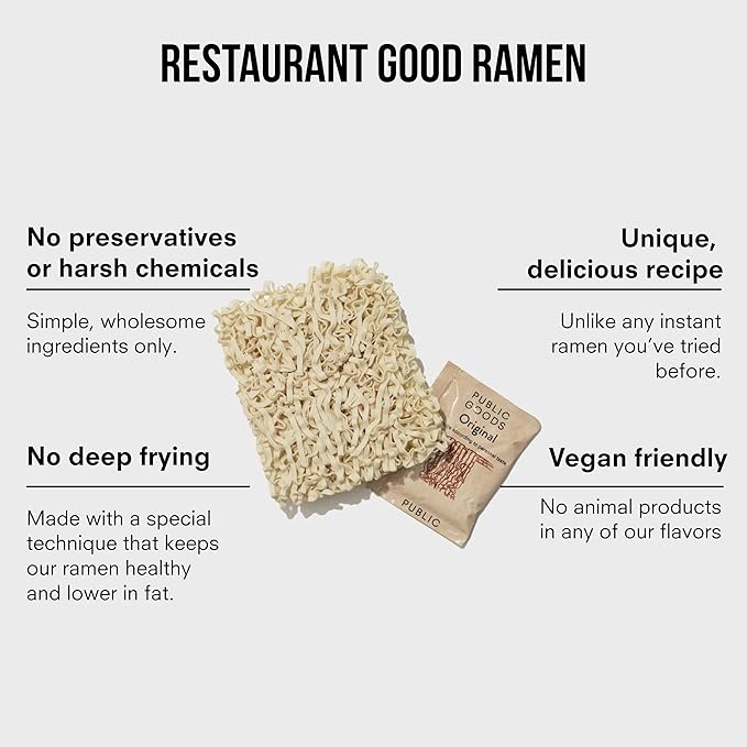 Public Goods Ramen Noodles | Brothless Vegan &amp Vegetarian Instant Ramen | Healthy High Protein Asian Noodle | Preservative Free | No Added MSG | Original (10 Pack)