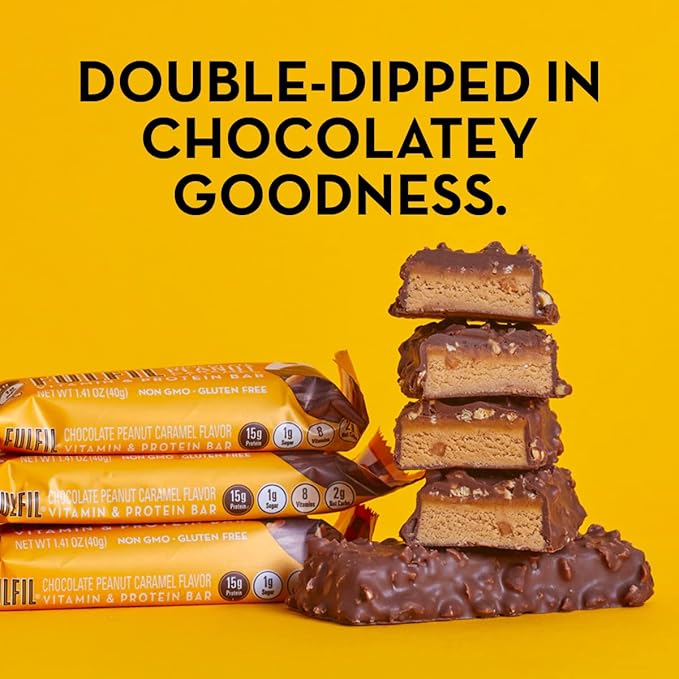 FULFIL Vitamin &amp Protein Bars Chocolate Salted Caramel &amp Chocolate Peanut Caramel 15g Protein 8 Vitamins 12 Count