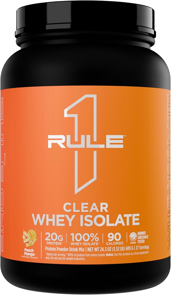 Rule 1 Proteins Clear Whey Isolate - 20g All-Whey Isolate Protein Mix Over 9g EAAs 90 Calories Zero Sugar Easy to Digest Light Crisp and Refreshing Taste (27 Servings Peach Mango)