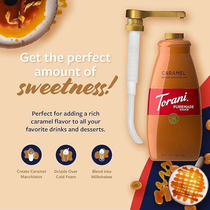 Torani Puremade Caramel Sauce for Coffeehouse Drinks and Desserts Large 4lb Bottle Pump Included 64 Fl Oz