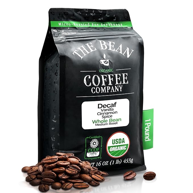 The Bean Organic Coffee Company Water Processed DECAF Vanilla Cinnamon Spice Medium Roast Whole Bean Coffee 16-Ounce Bag