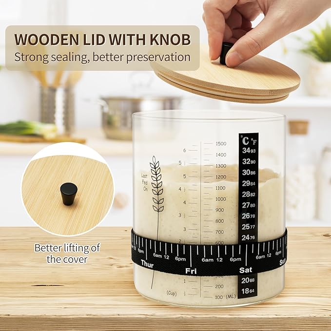 57oz Sourdough Starter Jar Wide Mouth Sourdough Jar Large Capacity Sourdough Starter Kit with Lid Band Date Tracker Temp Sourdough Bread Starter Kit for Perfect Sour Dough(1 Pack)