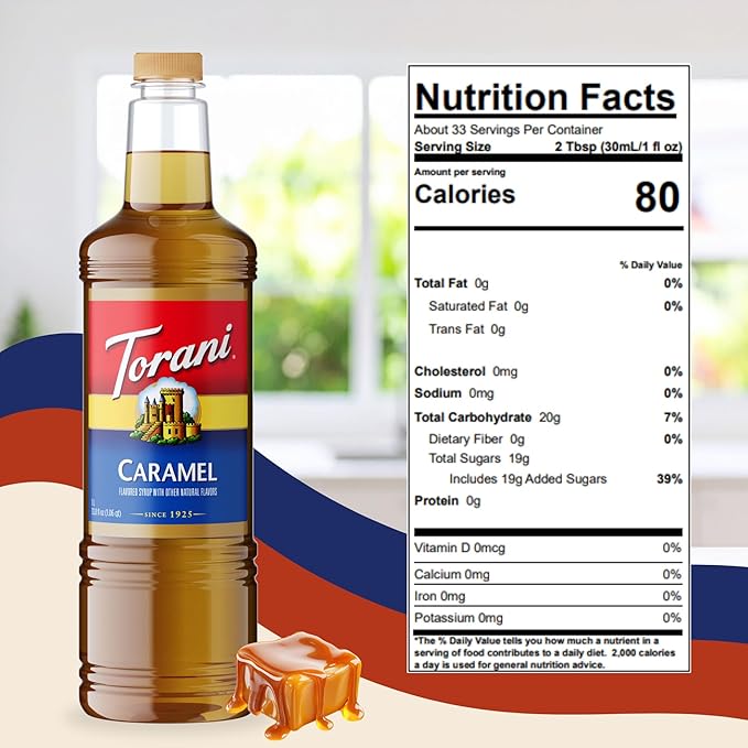 Torani Caramel Syrup 1 Liter Bottle with Pump – Premium Coffee Flavoring Made with Pure Cane Sugar &amp Natural Flavors for Lattes Frappes Desserts Cocktails &amp More – Café-Quality Sweetener