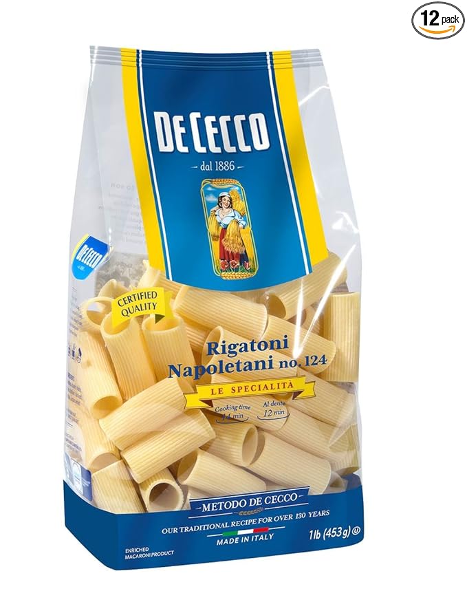 De Cecco Semolina Pasta Rigatoni Napoletani No.124 1 Pound (Pack of 12)