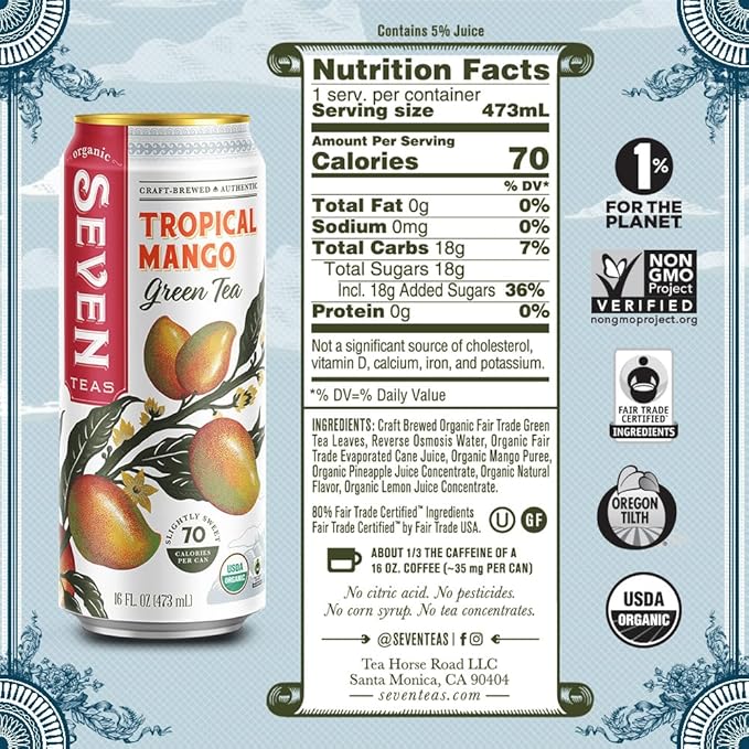 SevenTeas Tropical Mango Green Tea 16 OZ (Pack of 12 Cans) Organic Iced Tea