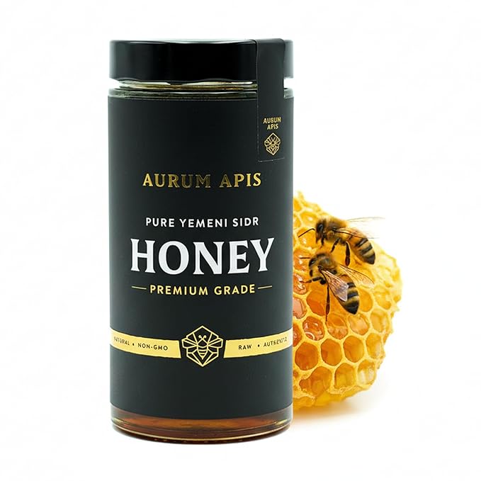 Aurum Apis Raw Yemeni Sidr Honey 100% Raw Unfiltered Pure Honey Hand Harvested Organic Honey Non-GMO Unprocessed Certified Organic Honey from Sidr Tree Blossoms Rich Flavor &amp Aroma Honey Jar
