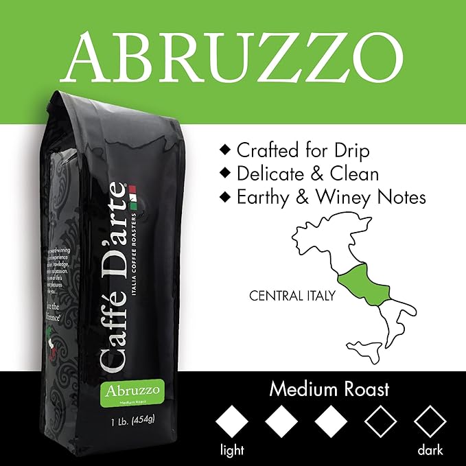 Caffe D’arte Abruzzo Ground Coffee – Medium Roast Earthy &amp Winey Flavor Roasted in Seattle Crafted for Drip Coffee Makers 1 lb