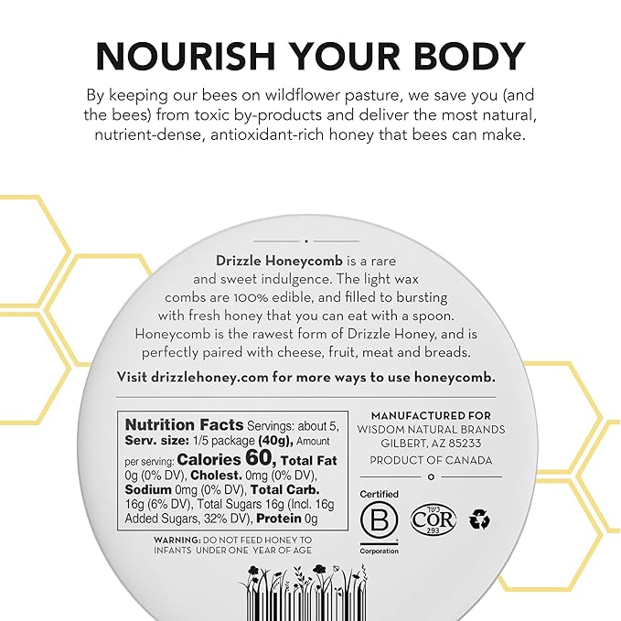 Drizzle Honeycomb - Raw All Natural Honey Comb Edible Topping for Charcuterie Unfiltered &amp Unheated Pair with Cheese Meat Fruit or Bread Certified Kosher - 7.05 oz (200 g)