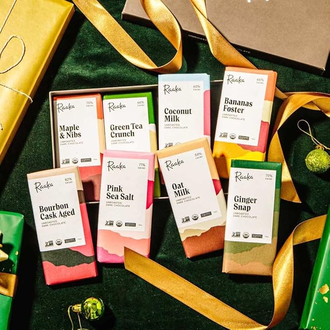 Raaka Chocolate Library Gift Box with Photo Booklet Gourmet Bean-to-Bar Dark Chocolate Organic Vegan Transparent Trade Soy Free Gluten Free Kosher Eight 1.08 oz Bars