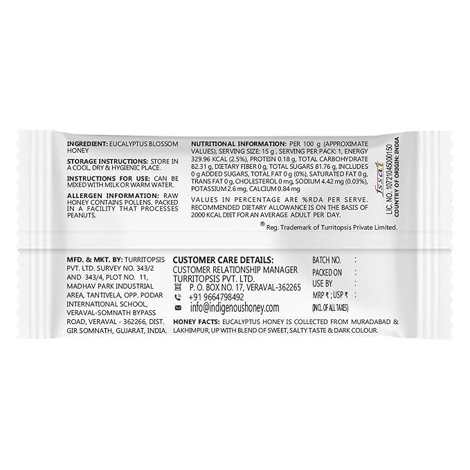 INDIGENOUS HONEY Organic Eucalyptus Honey Natural Raw Pure Unprocessed Added Sugar Free NMR Tested Unpasteurized Unheated 15 Travel Sachets 15g Each Total 225g