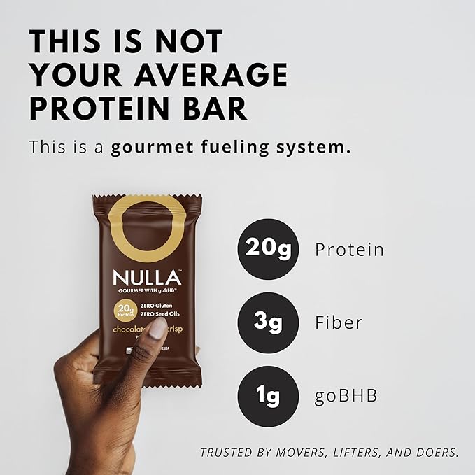 Nulla Gourmet Protein Bar with goBHB &amp Honey – Chocolate Chip Crisp – 20g Protein Zero Seed Oils Gluten Free Dual-Fuel Performance Energy Snack – Clean Ingredients
