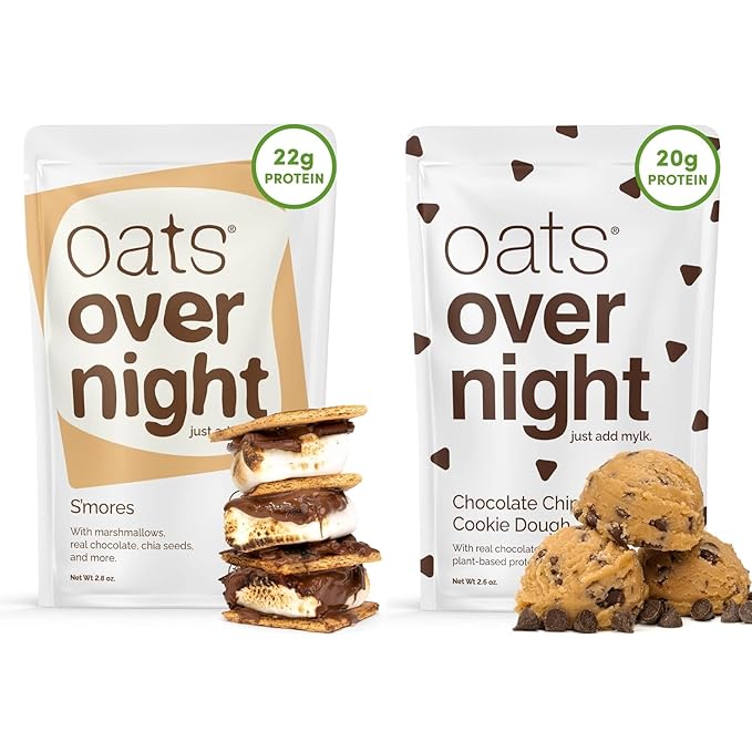 Oats Overnight Smores 8 Pack &amp Chocolate Chip Cookie Dough 8 Pack - 20g Protein High Fiber Breakfast Shake - Gluten Free Non GMO Oatmeal