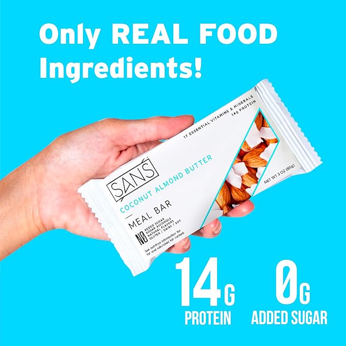 SANS Meal Replacement Protein Bar Gluten Free Healthy High Protein Snacks High Fiber No Sugar Added Dairy Free Soy Free Coconut Almond Butter 12 Bars
