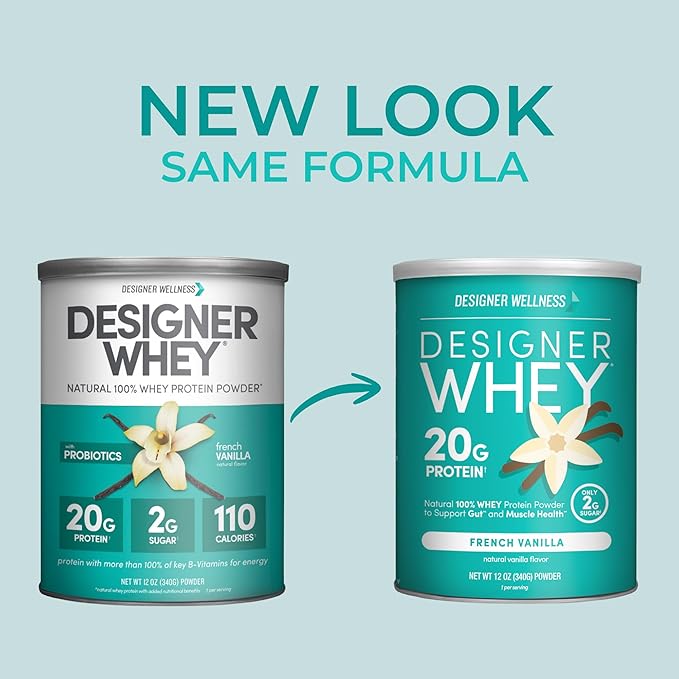 Designer Wellness Designer Whey Natural Whey Protein Powder with Probiotics Fiber and Key B-Vitamins for Energy Gluten-Free French Vanilla 12oz