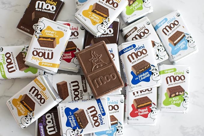 Moo Chocolates Organic Milk Chocolate Mini Bars with Creamy Milk Filling 0.7oz 28 ct (Pack of 2) | USDA Organic Non-GMO | 110 Calorie Snacks for On-the-Go Lunchboxes Office