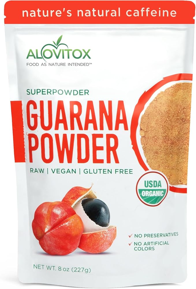 Alovitox Organic Guarana Seed Powder | Raw Guarana Seed Extract Vegan Non-GMO &amp Gluten-Free (Superfood 65mg of Natural Caffeine per Serving) 8oz/113 Servings