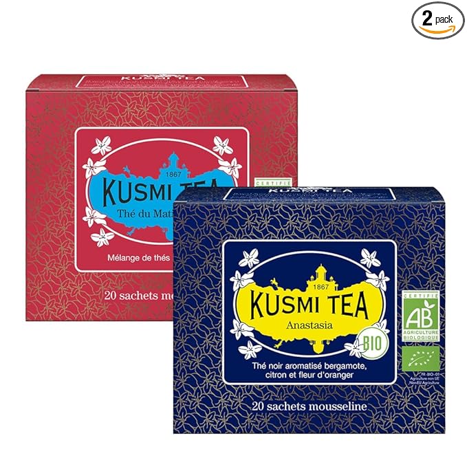 Kusmi Tea - Pack of 2 Boxes of Tea Bags - Anastasia + Russian Morning No.24 - Organic Black Tea with Bergamot + Asian Black Tea Blend - Grand Yunnan Ceylon and Assam - 2x20 Tea Bags