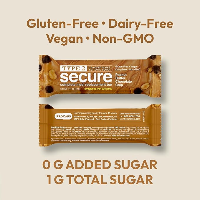 ANDREW LESSMAN Type 2 Secure Complete Meal Replacement Bars (Sucralose) – Peanut Butter Chocolate Chip – 36 ct box – 10g Protein 0g Added Sugar 16 Essential Vitamins &amp Minerals Gluten-Free Veg