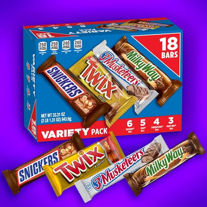 SNICKERS TWIX MILKY WAY &amp 3 MUSKETEERS Individually Wrapped Variety Pack Full Size Milk Chocolate Candy Bars Bulk Assortment 33.31 oz 18 Bars (Pack of 2)