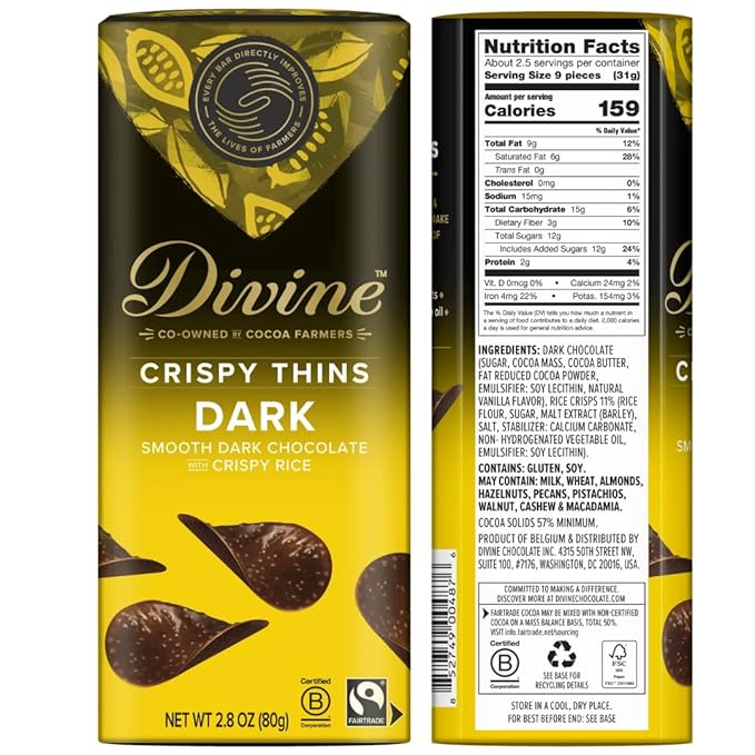 Divine Chocolate Crisp Thins Variety Pack 6-Pack | Dark Chocolate Mini Crisp Thins Milk Chocolate Caramel Crisp Thins &amp Dark Chocolate Crisp Thins | Thin Crunchy Gourmet Chocolate Snacks