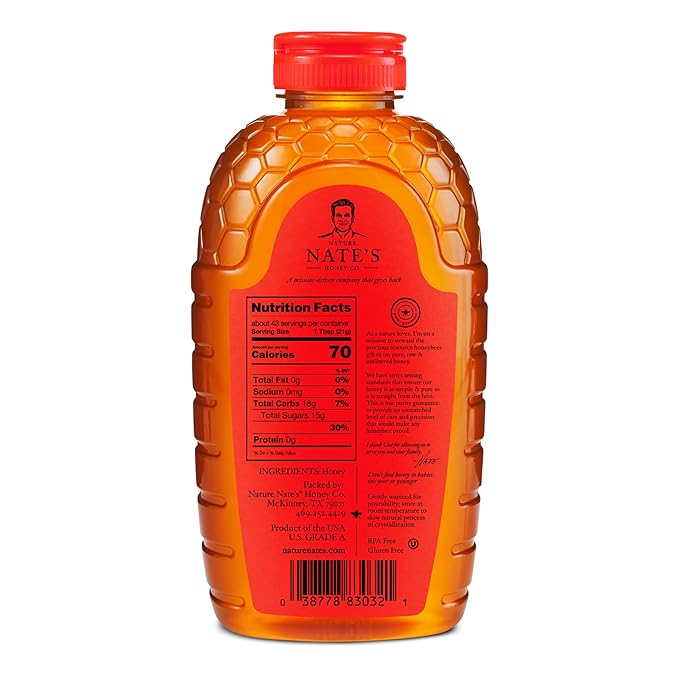 Nate's 100% Pure Raw &amp Unfiltered Honey - Award-Winning Taste 32oz. Squeeze Bottle (6 Pack)