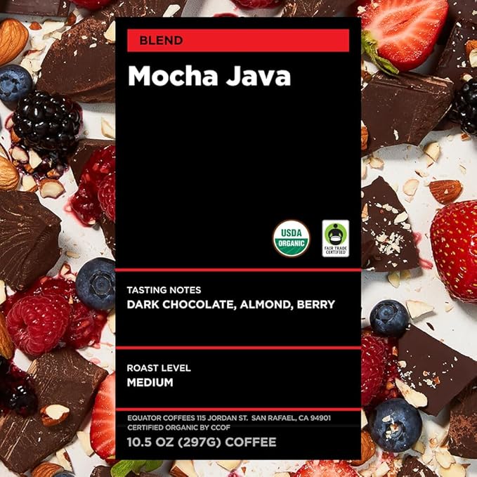 Equator Coffees Mocha Java Blend Organic Whole Bean Coffee Medium Dark Roast Fresh Roasted Dark Chocolate &amp Berry Flavor Notes Sustainable and Fair Trade Certified 10.5 oz Bag