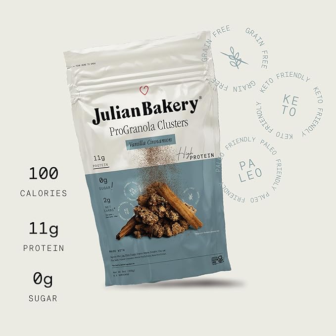 Julian Bakery® ProGranola® Cereal | Vanilla Cinnamon Cluster | 11g Protein | 11g Fiber | 2 Net Carbs | Gluten-Free | Grain-Free | High Protein &amp High Fiber | 9oz (3 PACK)