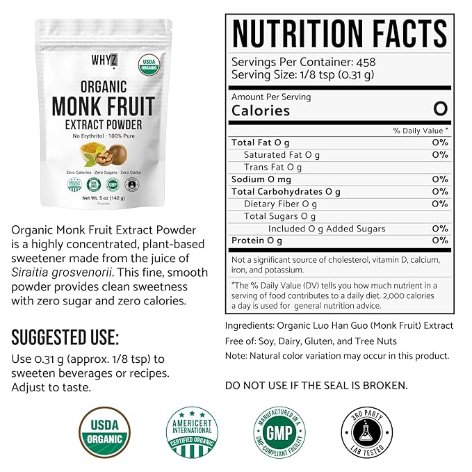 Organic Monk Fruit Extract 5 oz Pure Monk Fruit Sweetener Organic No Erythritol and Zero Calorie Sugar Substitute Powdered Monkfruit Sweetener Keto and Paleo Diet Friendly 458 Servings