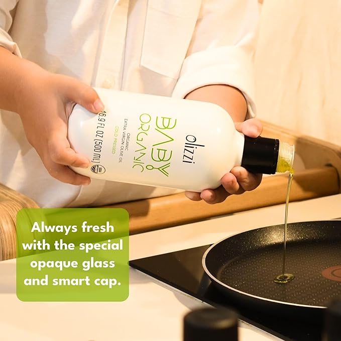 Olive Oil for Baby Food - Olizzi Baby Organic Extra Virgin Olive Oil Cold Pressed USDA Organic Kosher Delicious Smooth Award Winning Polyphenol Rich 16.9 FL OZ (500 ML)