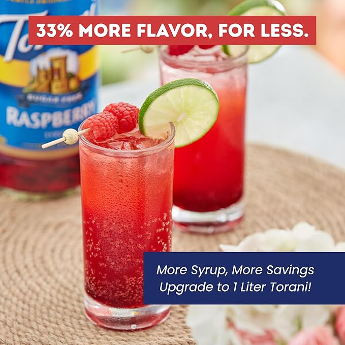 Torani Sugar Free Raspberry Syrup 1 Liter Bottle with Pump Dispenser – Zero Sugar Zero Calories Keto Friendly Gluten Free Sweet &amp Tart Raspberry Flavor for Coffee Lemonade Cocktails &amp Mor