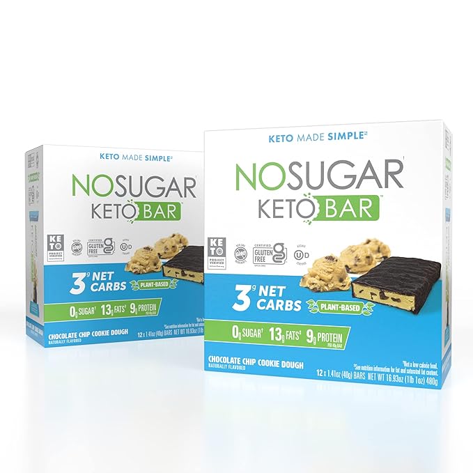 No Sugar Keto Bar Snack - Low Carb No Sugar Keto Snack Food with Keto Friendly Macros (24 x 1.41oz Bars Chocolate Chip Cookie Dough)