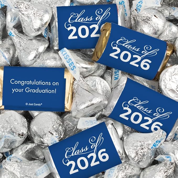 124 Pcs Blue Graduation Candy Party Favors Blue Wrapped Miniatures and Silver Kisses by Just Candy (1.52 lbs approx. 124 Pcs)